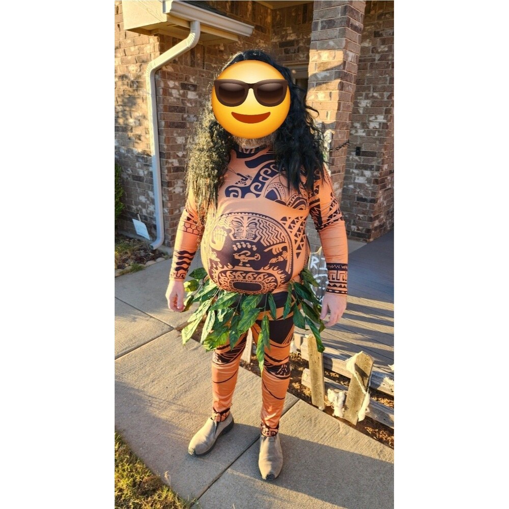 Disney Moana Maui Costume Adult 2XL Tattoo Shirt Pants Leaf Skirt Cosplay